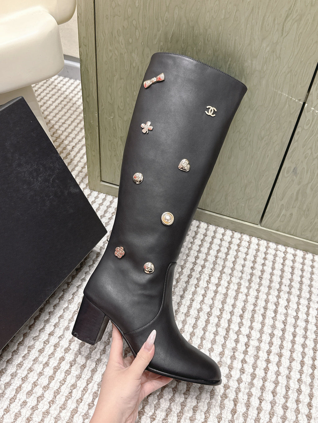 Chanel 25S Knee-High Boots in Black Calfskin with Rhinestones