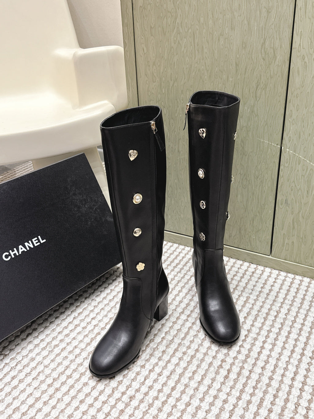 Chanel 25S Knee-High Boots in Black Calfskin with Rhinestones