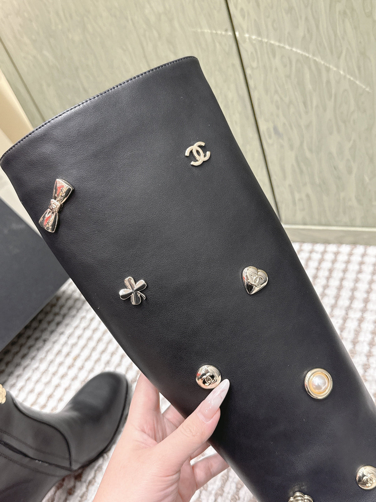 Chanel 25S Knee-High Boots in Black Calfskin with Rhinestones