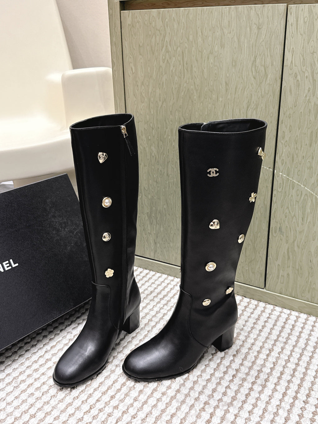 Chanel 25S Knee-High Boots in Black Calfskin with Rhinestones