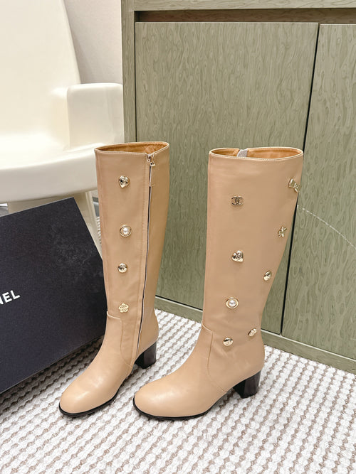 Chanel 25S Knee-High Boots in Beige Calfskin with Rhinestones
