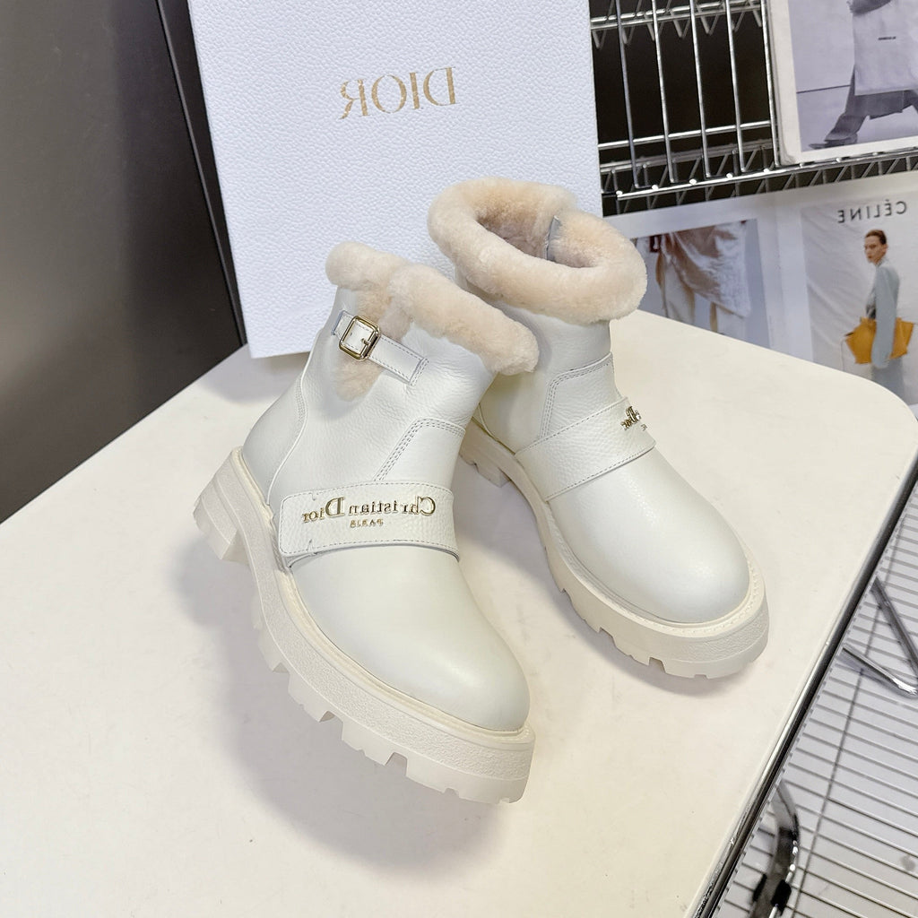 Dior Alps Ankle Boots 25S in White Lambskin and Beige Wool with Gold Hardware