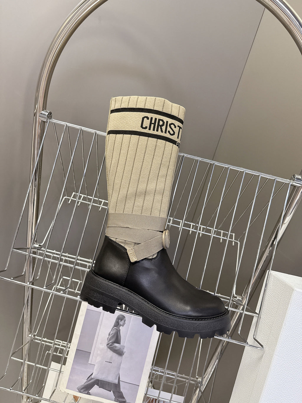 Dior 25S D-Major Ankle Boots in Black Calfskin and Beige Fabric
