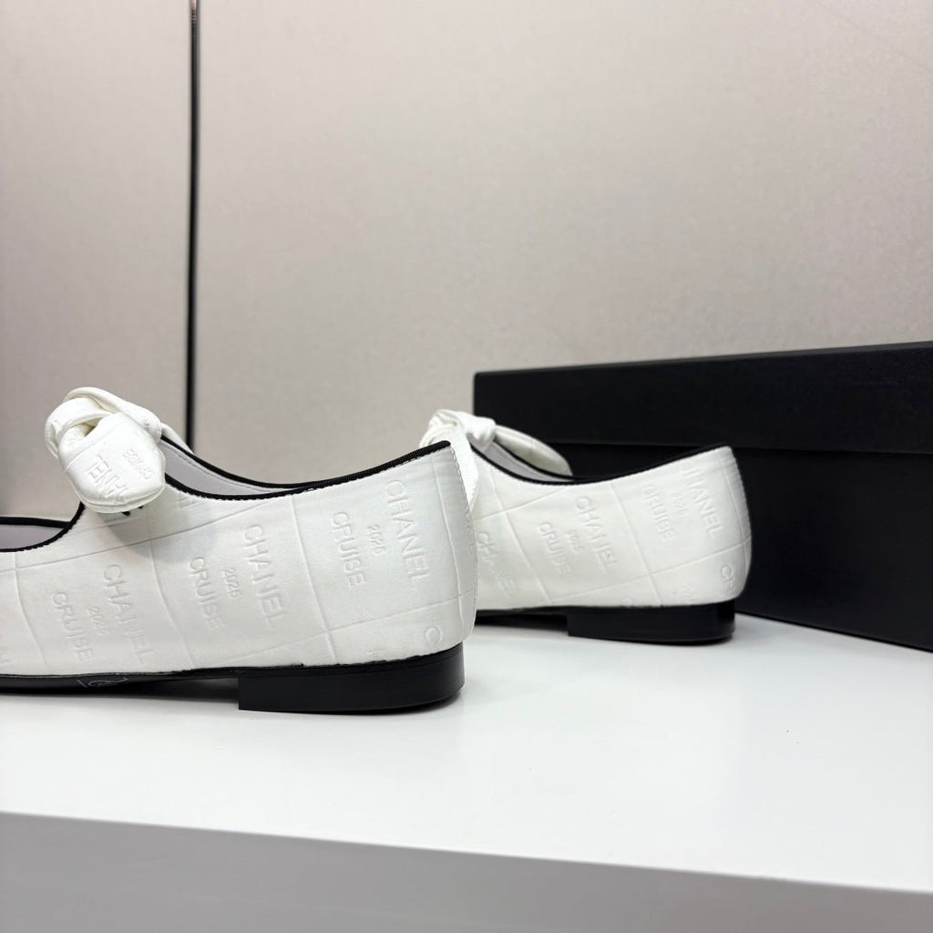 Chanel Ballet Flats 25S in White and Black Fabric with Bow