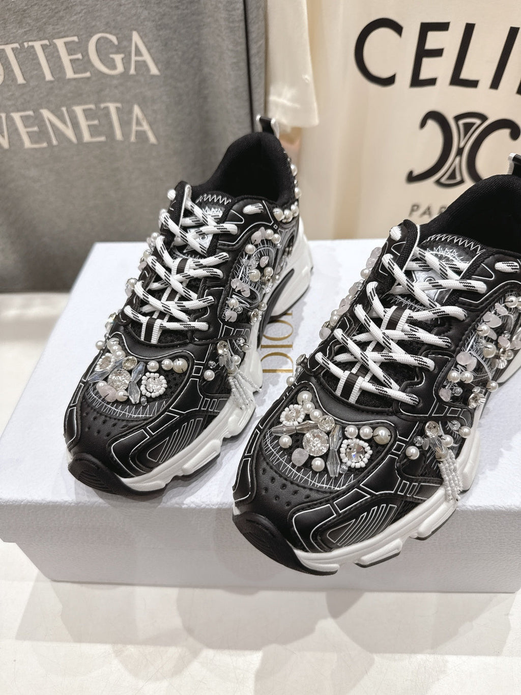 Dior 25S Sneaker in Black Lambskin and Mesh Fabric with Pearl Detailing