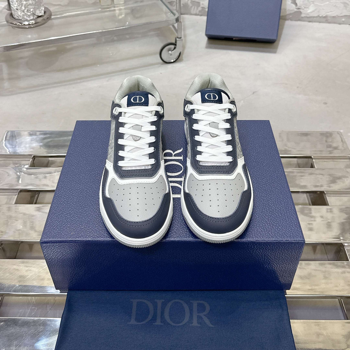 Dior 25S B27 Uptown Low-Top Sneakers in Dark Blue Mix Grey Calfskin Style 2