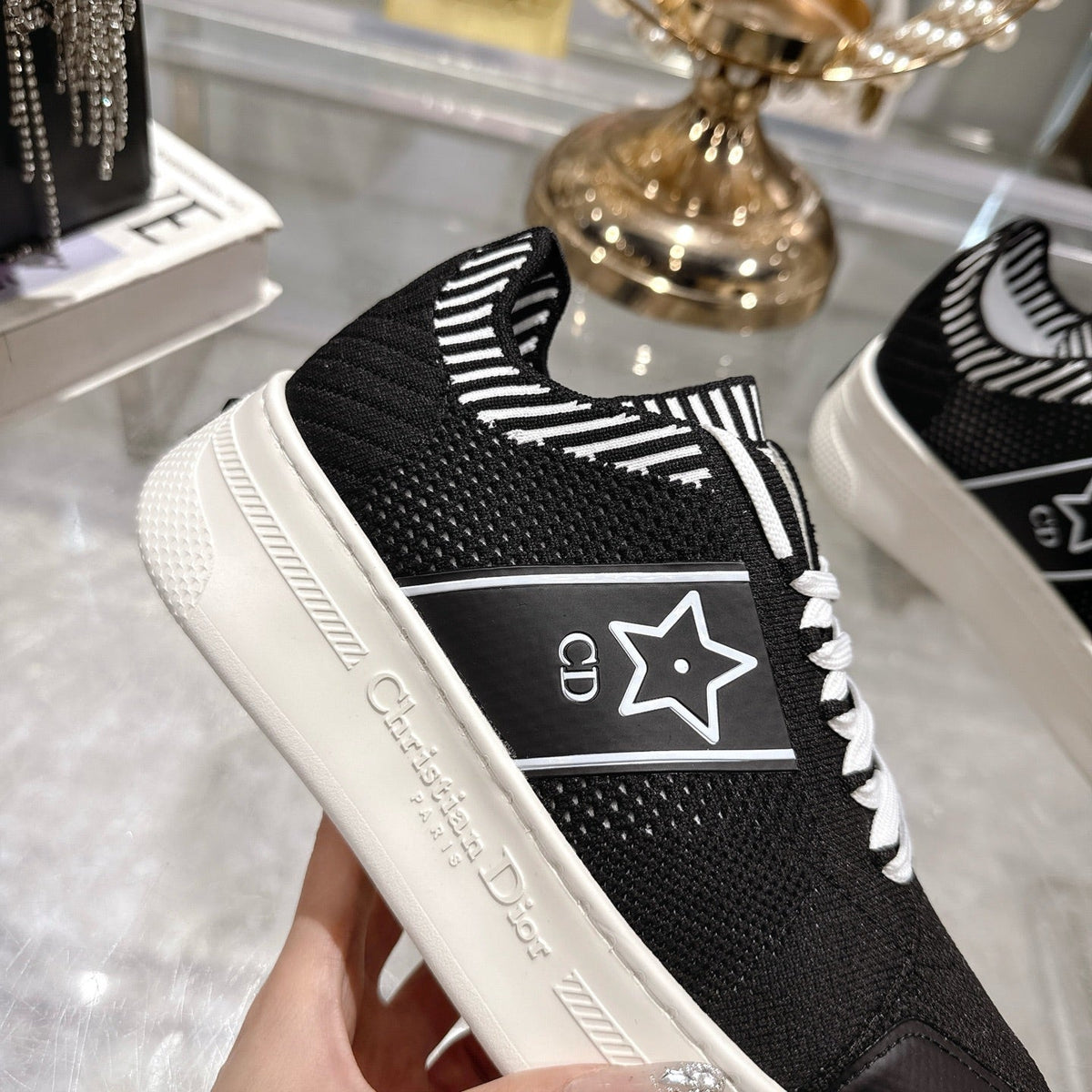 Dior CD Star Sneaker 4cm in Black and White Mesh Fabric