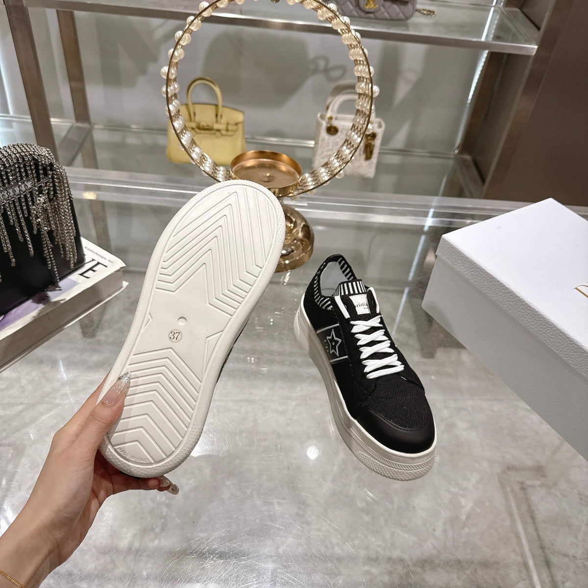 Dior CD Star Sneaker 4cm in Black and White Mesh Fabric