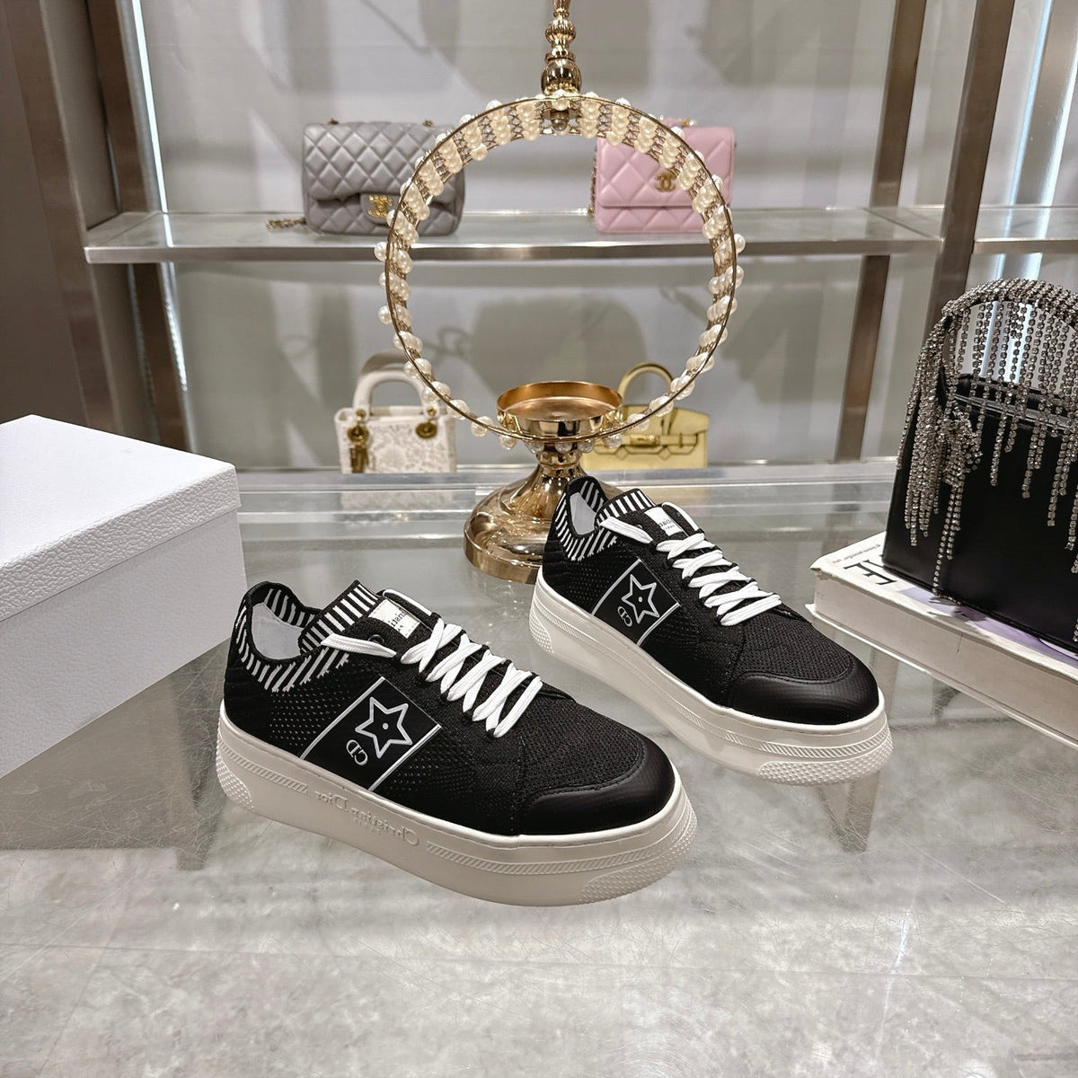 Dior CD Star Sneaker 4cm in Black and White Mesh Fabric