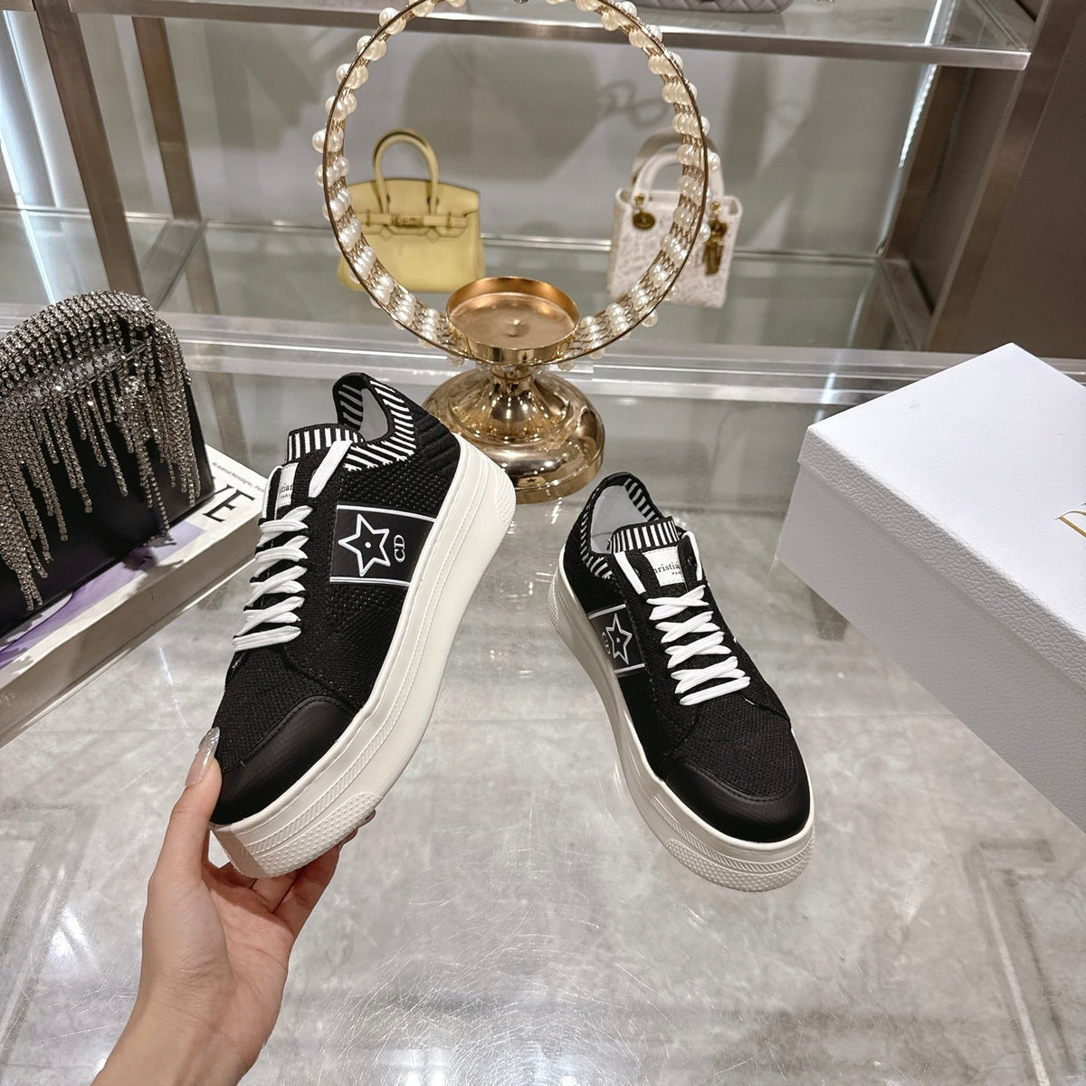 Dior CD Star Sneaker 4cm in Black and White Mesh Fabric