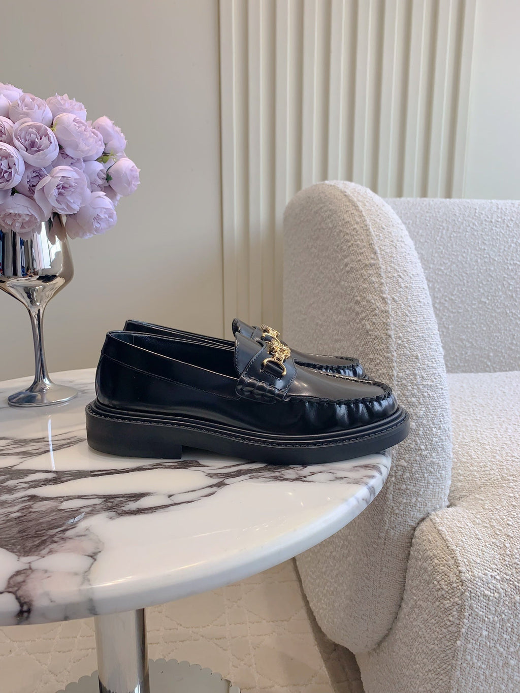 Celine Chanel 25S Arc de Triomphe Loafers in Black Shiny Calfskin Gold Hardware