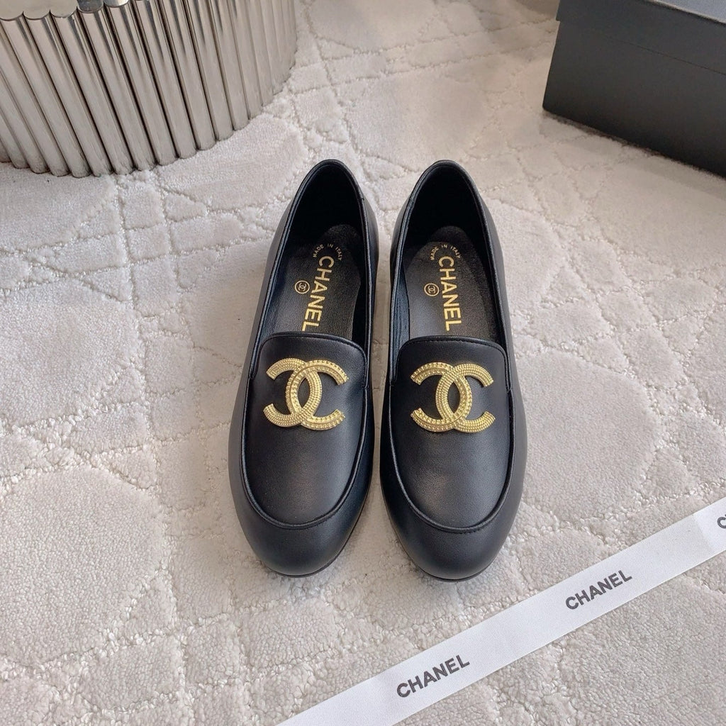 Chanel 25S Loafers with Large Logo in Black Calfskin Gold Hardware