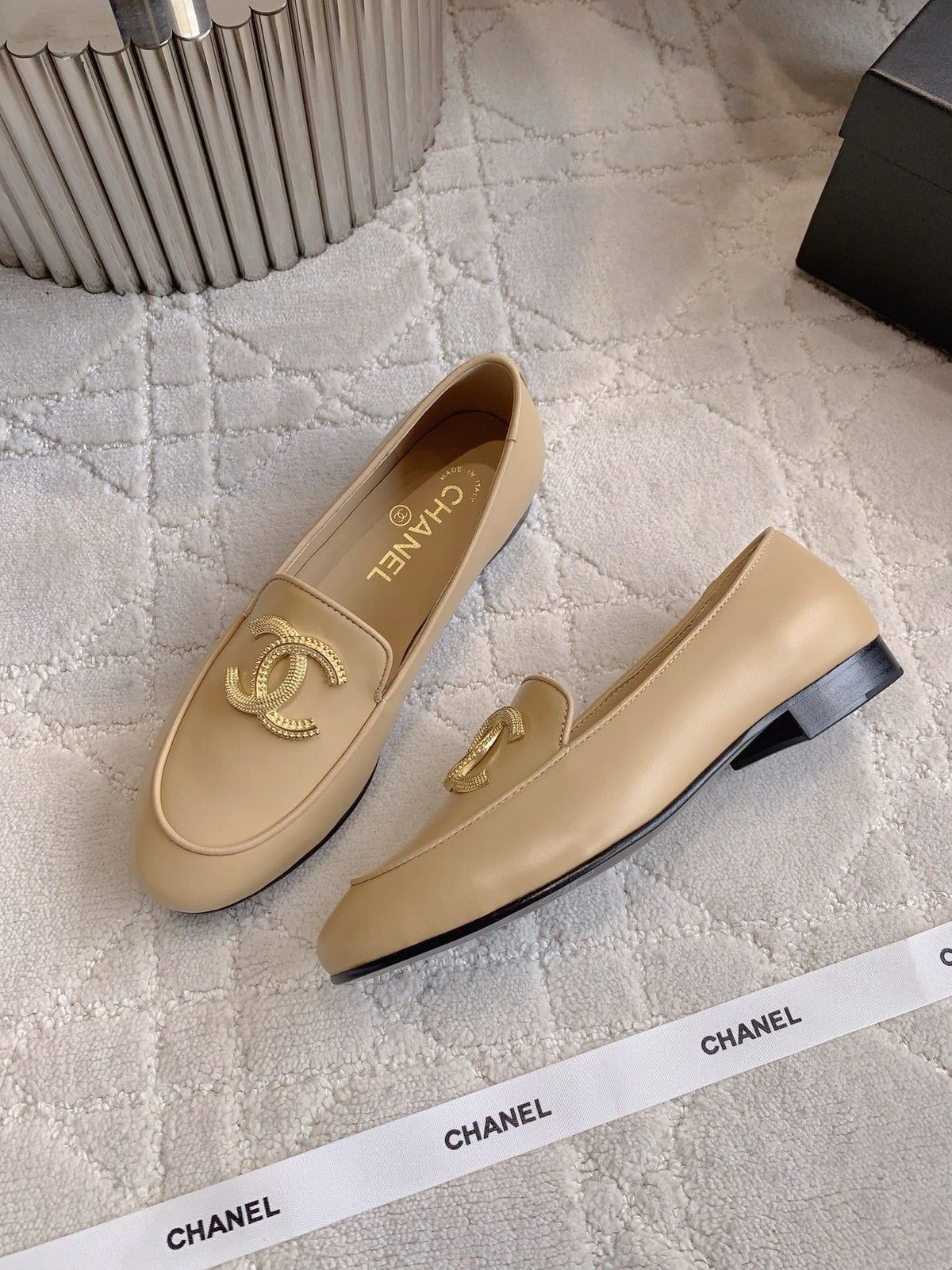 Chanel 25S Loafers with Large Logo in Light Caramel Calfskin Gold Hardware