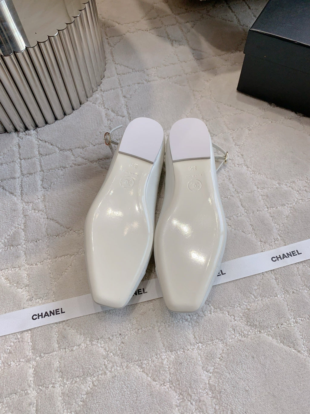 Chanel 25S Camellia Square Toe Flats in White Calfskin Gold Hardware