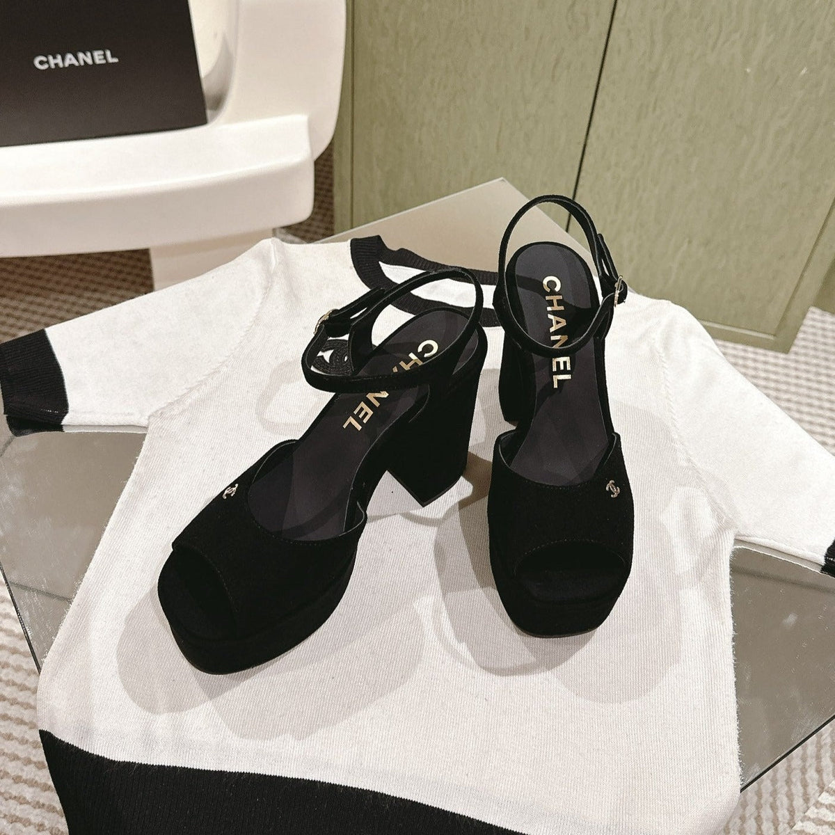 Chanel High Sandal Black Suede Calfskin