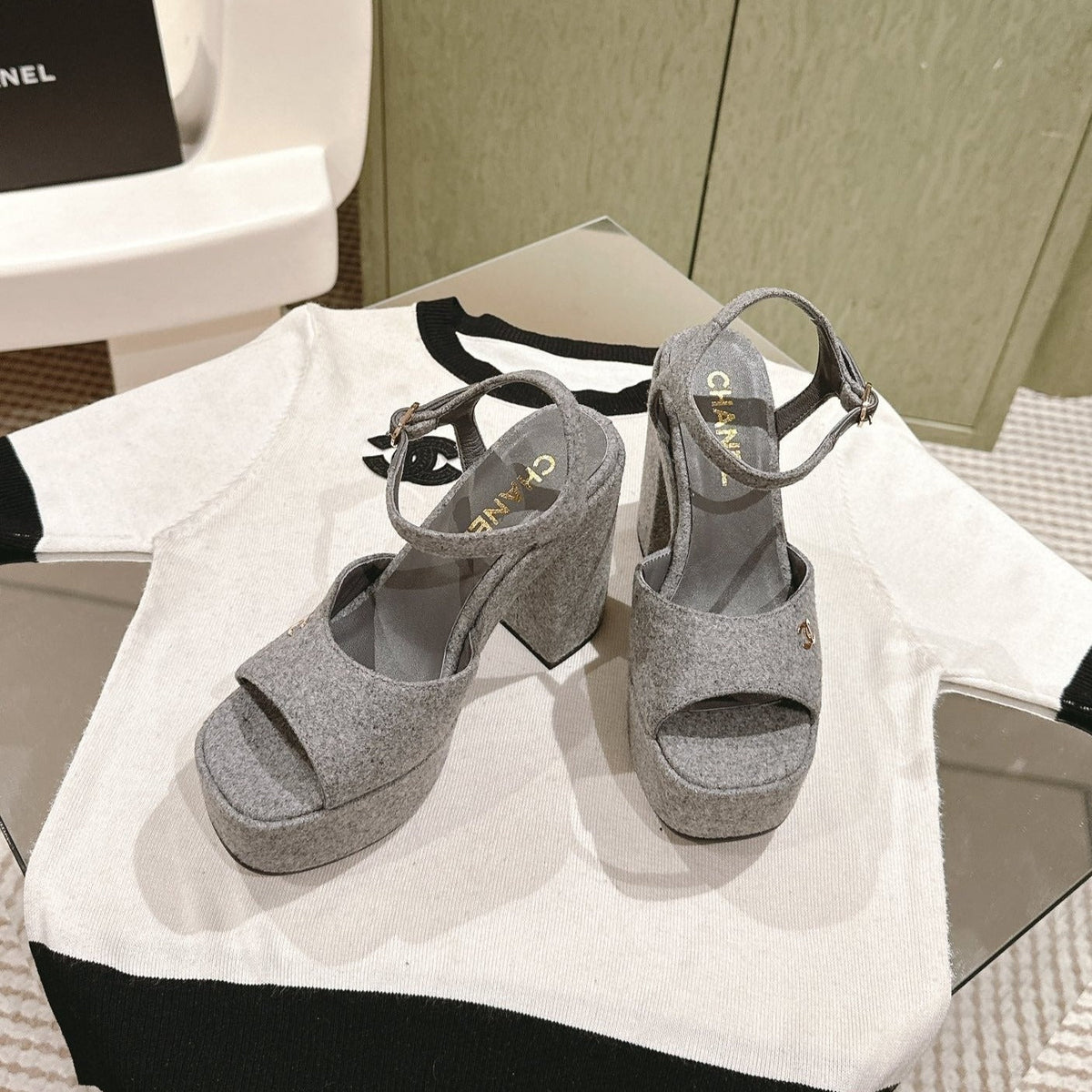 Chanel High Sandal Grey Suede Calfskin