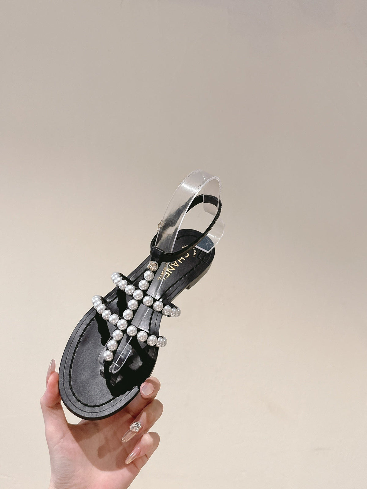 Chanel Sandals Pearl Roman in Black Lambskin