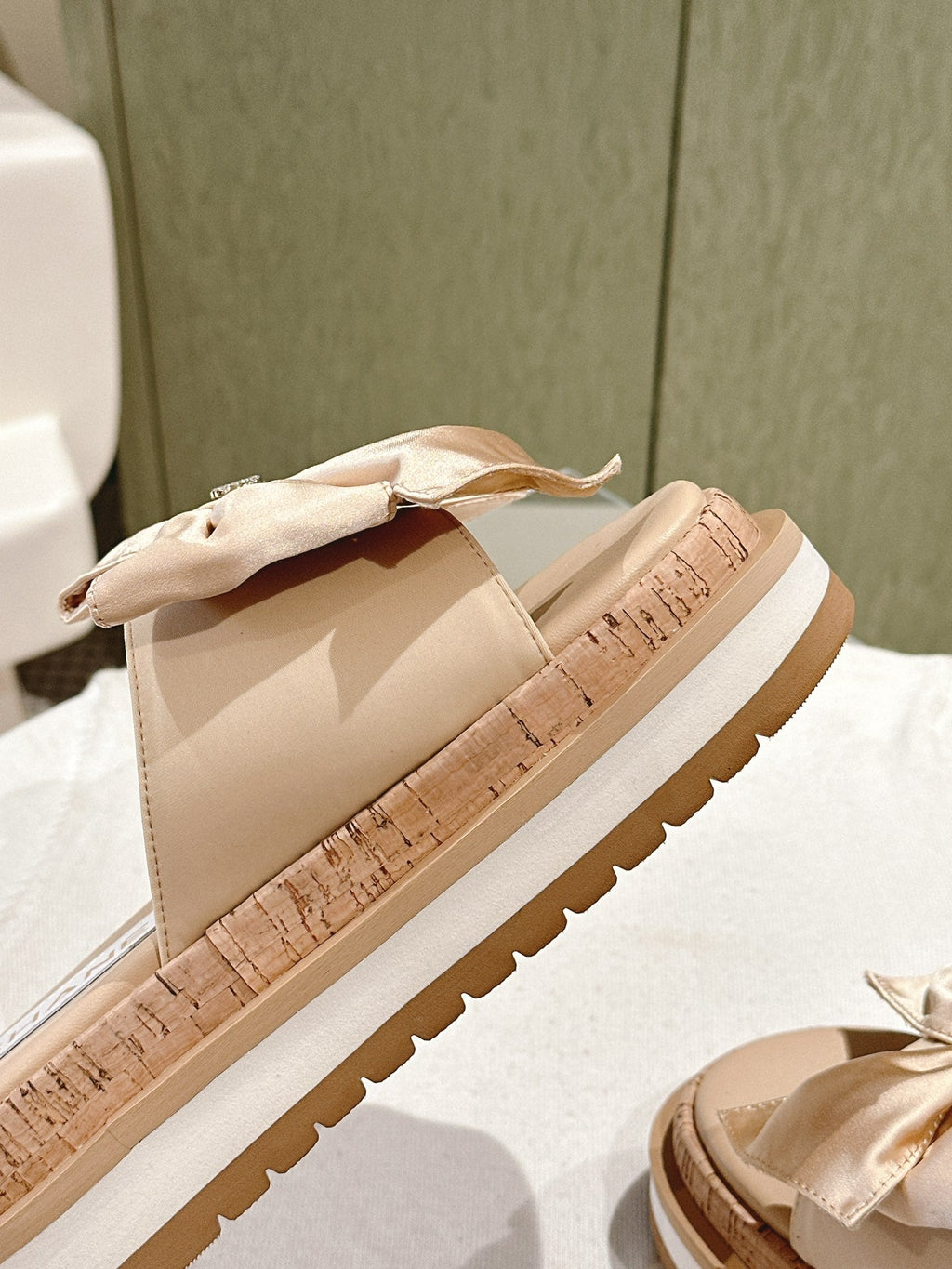 Chanel Slippers with Silk Bow in Beige Almond Cowhide