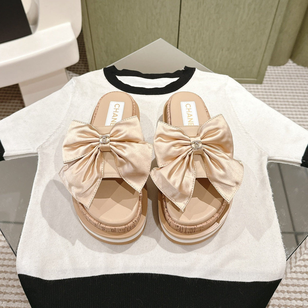 Chanel Slippers with Silk Bow in Beige Almond Cowhide