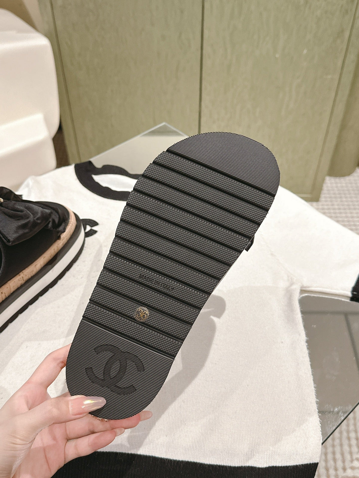 Chanel Slippers with Silk Bow in Black Cowhide