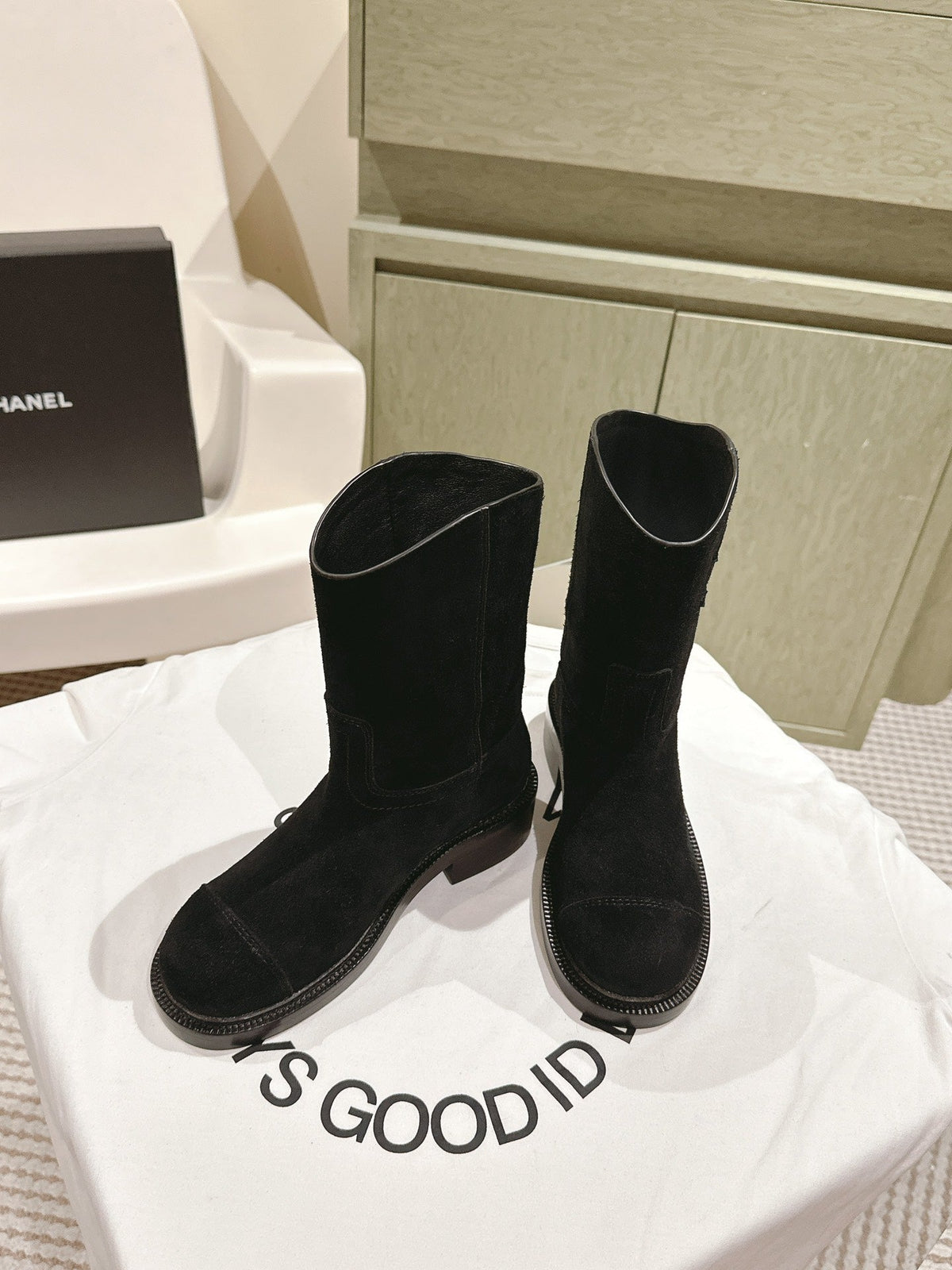 Chanel Short Boots Black Suede Calfskin