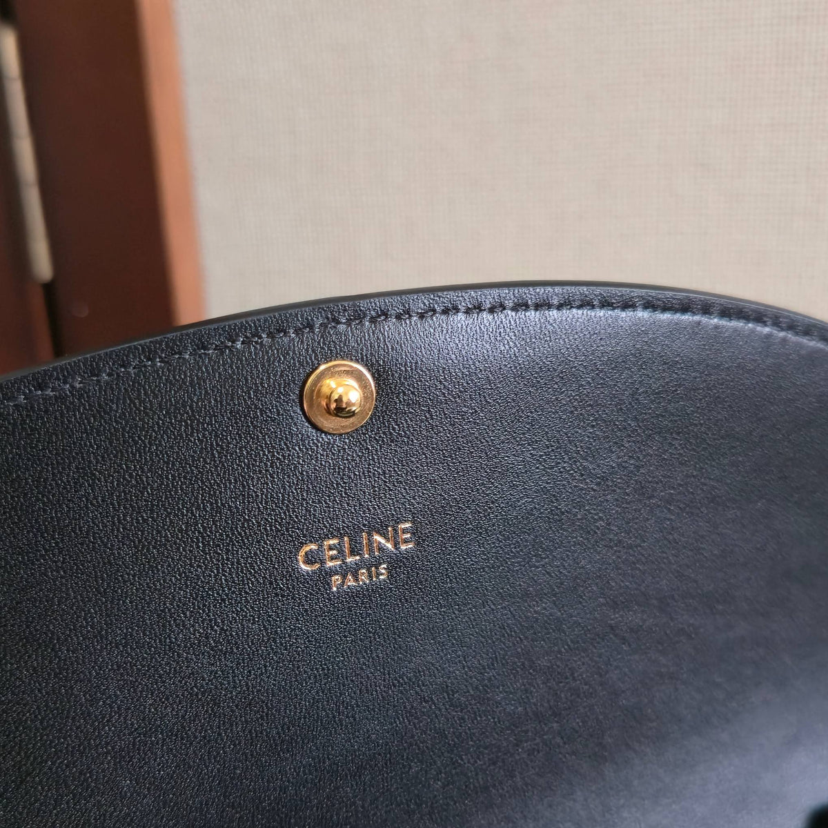 Celine 25S Duo Wallet On Strap 20mm in Black Shiny Calfskin