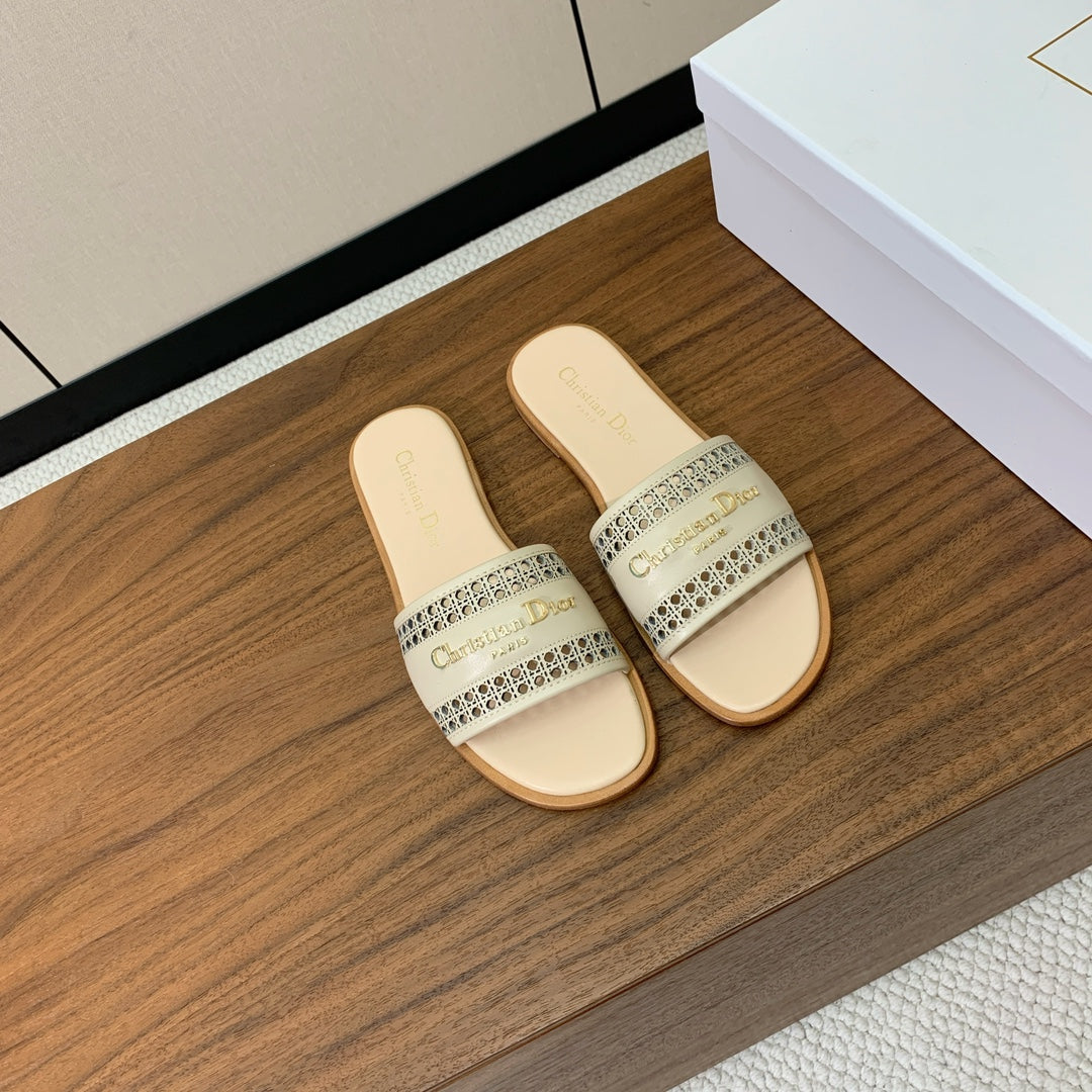 Dior Dway Slide Beige Calfskin and Gold Logo