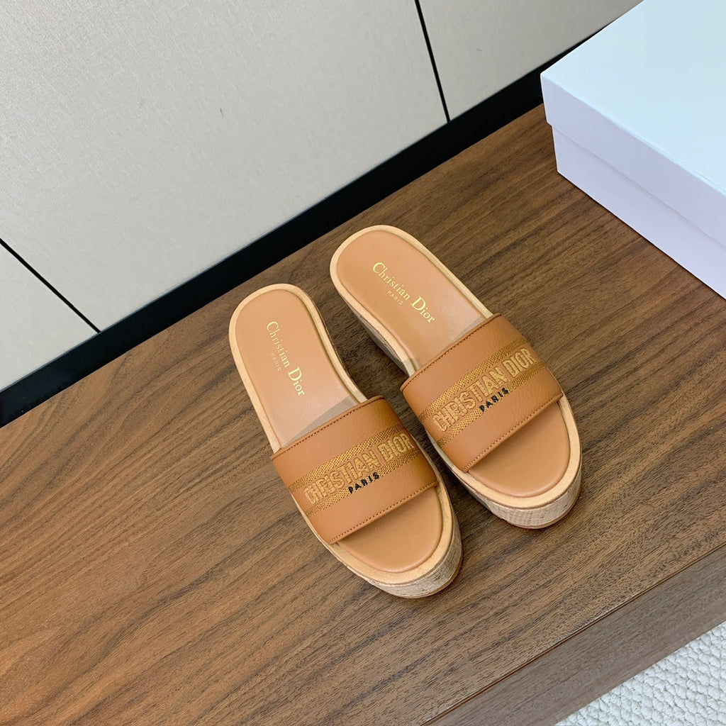 Dior 25S Dway Wedge Slide 90 mm in Light Brown Calfskin