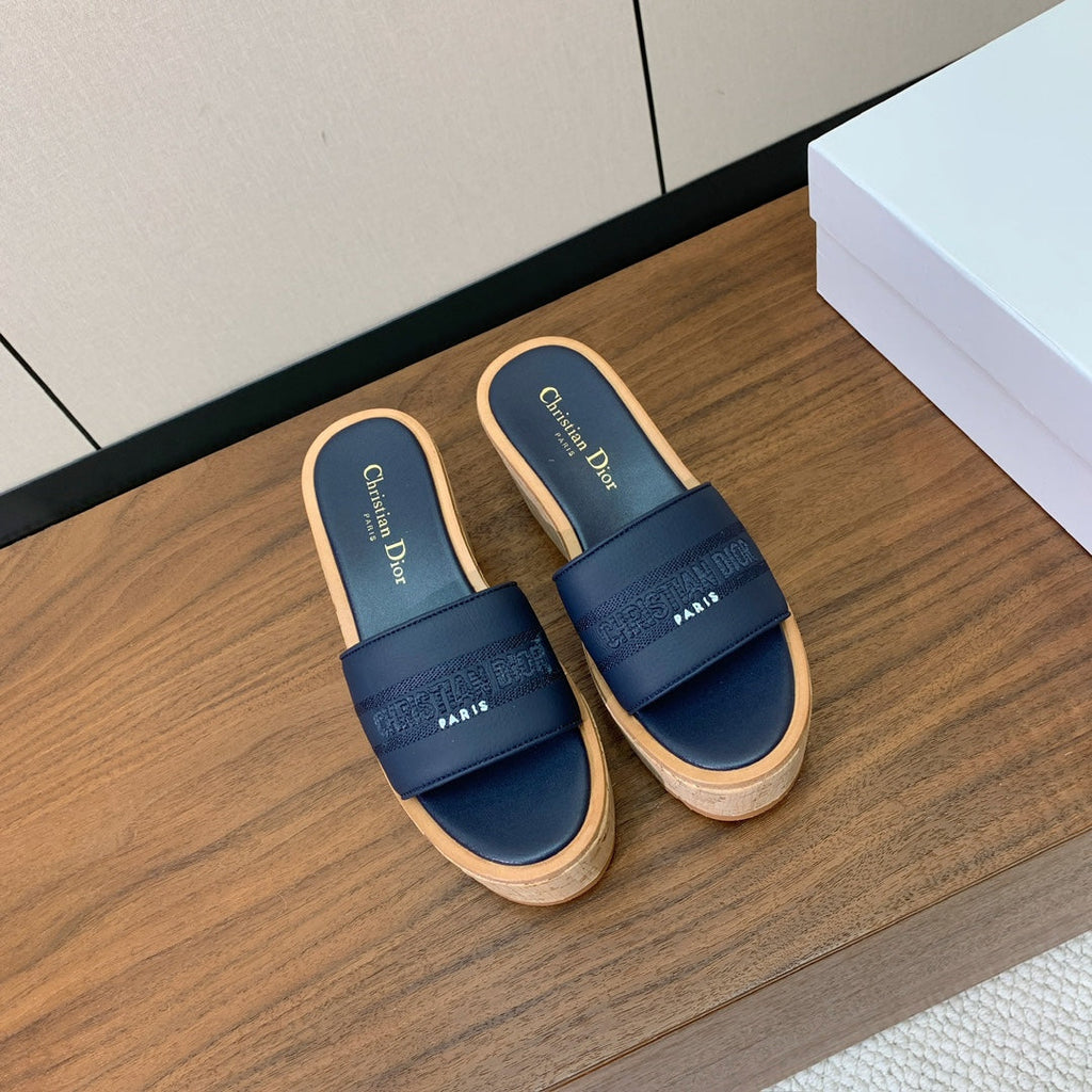 Dior 25S Dway Wedge Slide 90 mm in Deep Navy Blue Calfskin