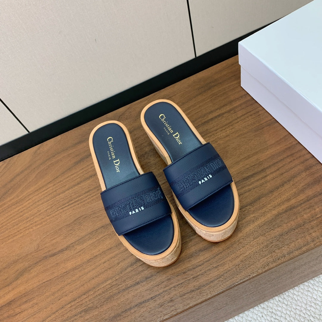 Dior 25S Dway Wedge Slide 90 mm in Deep Navy Blue Calfskin