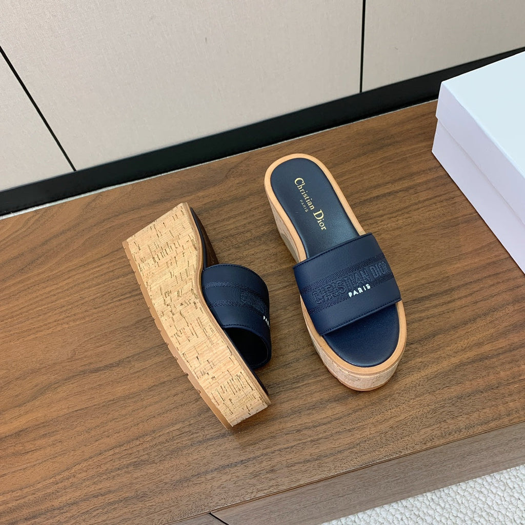 Dior 25S Dway Wedge Slide 90 mm in Deep Navy Blue Calfskin