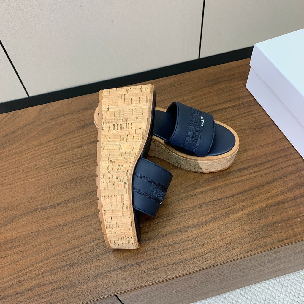 Dior 25S Dway Wedge Slide 90 mm in Deep Navy Blue Calfskin