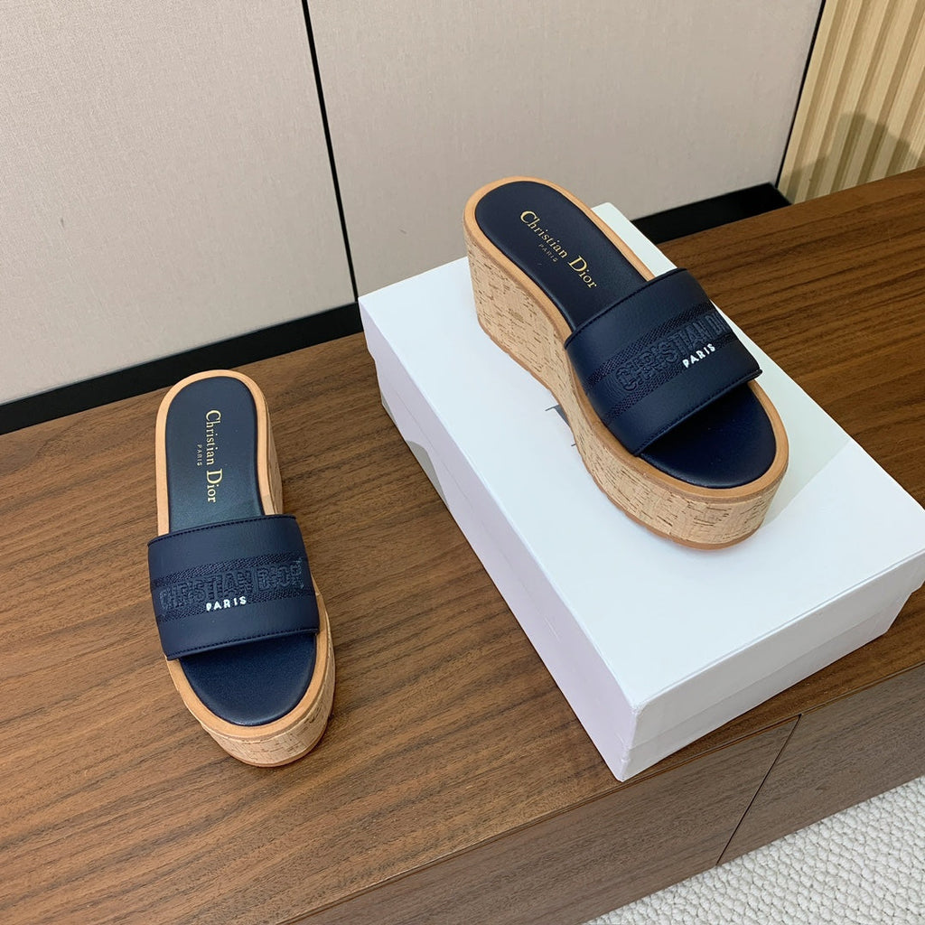 Dior 25S Dway Wedge Slide 90 mm in Deep Navy Blue Calfskin