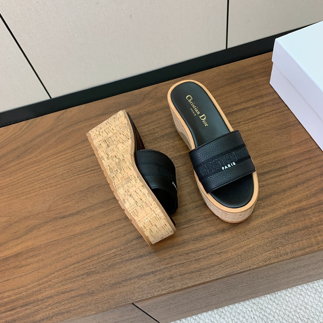 Dior 25S Dway Wedge Slide 90 mm in Black Calfskin