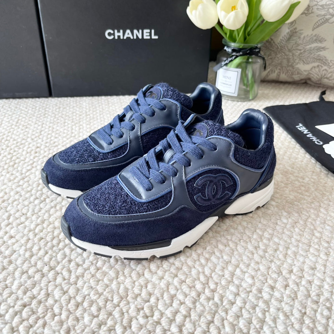 Chanel Sneaker in Navy Blue Wool Tweed and Suede