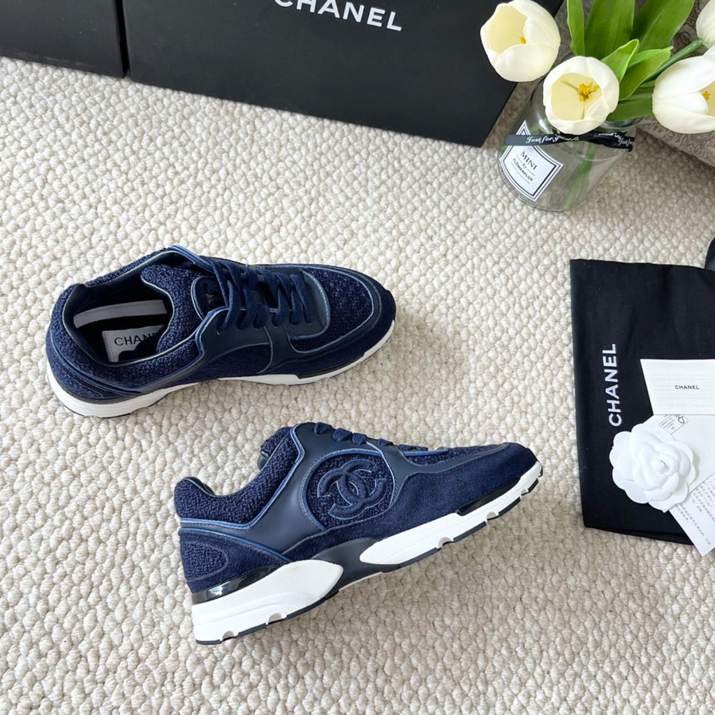 Chanel Sneaker in Navy Blue Wool Tweed and Suede