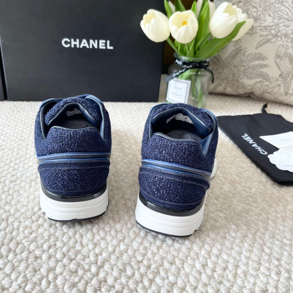 Chanel Sneaker in Navy Blue Wool Tweed and Suede