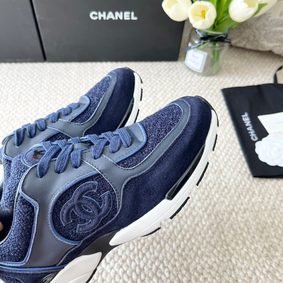 Chanel Sneaker in Navy Blue Wool Tweed and Suede