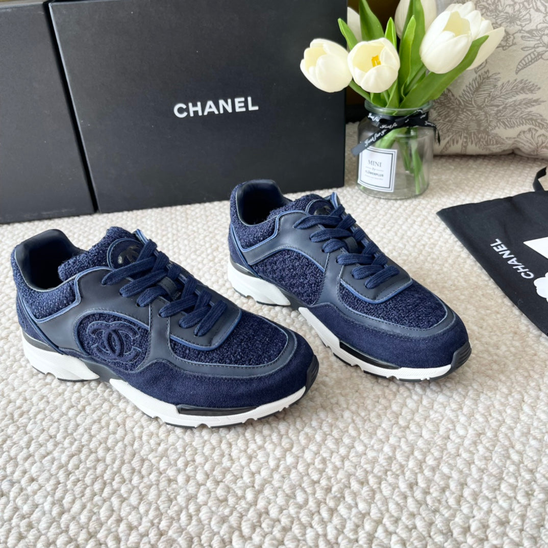 Chanel Sneaker in Navy Blue Wool Tweed and Suede