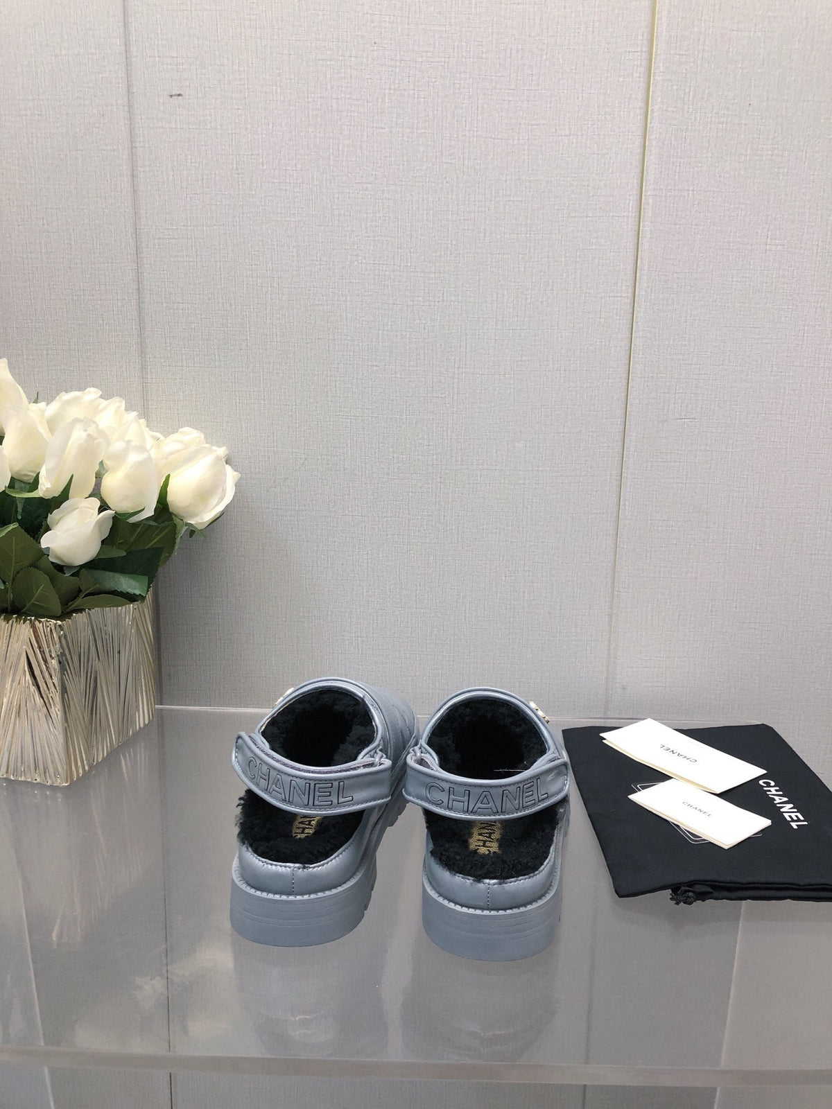 Chanel Chunky Platform Shearling Slipper Saphire Blue Lambskin