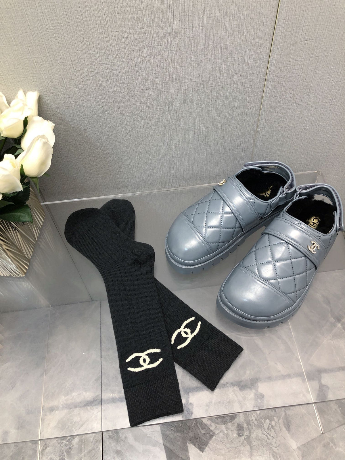 Chanel Chunky Platform Shearling Slipper Saphire Blue Lambskin