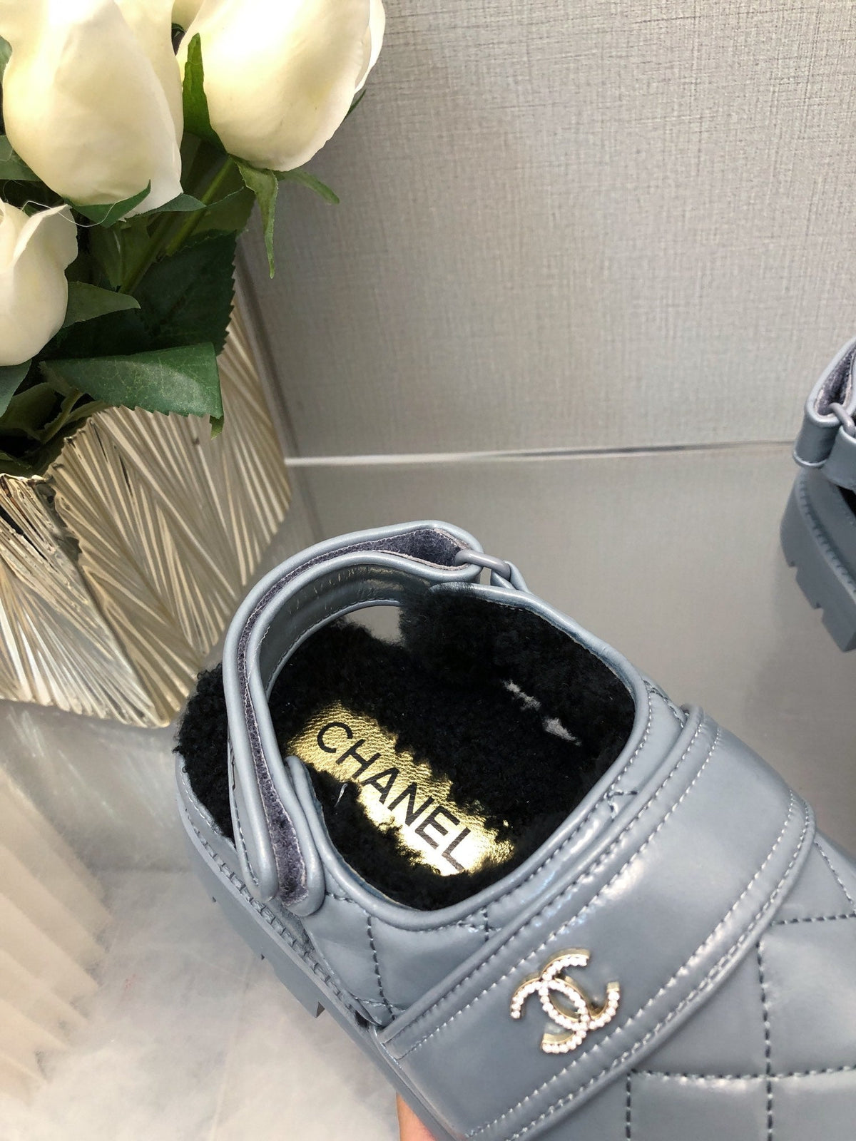 Chanel Chunky Platform Shearling Slipper Saphire Blue Lambskin
