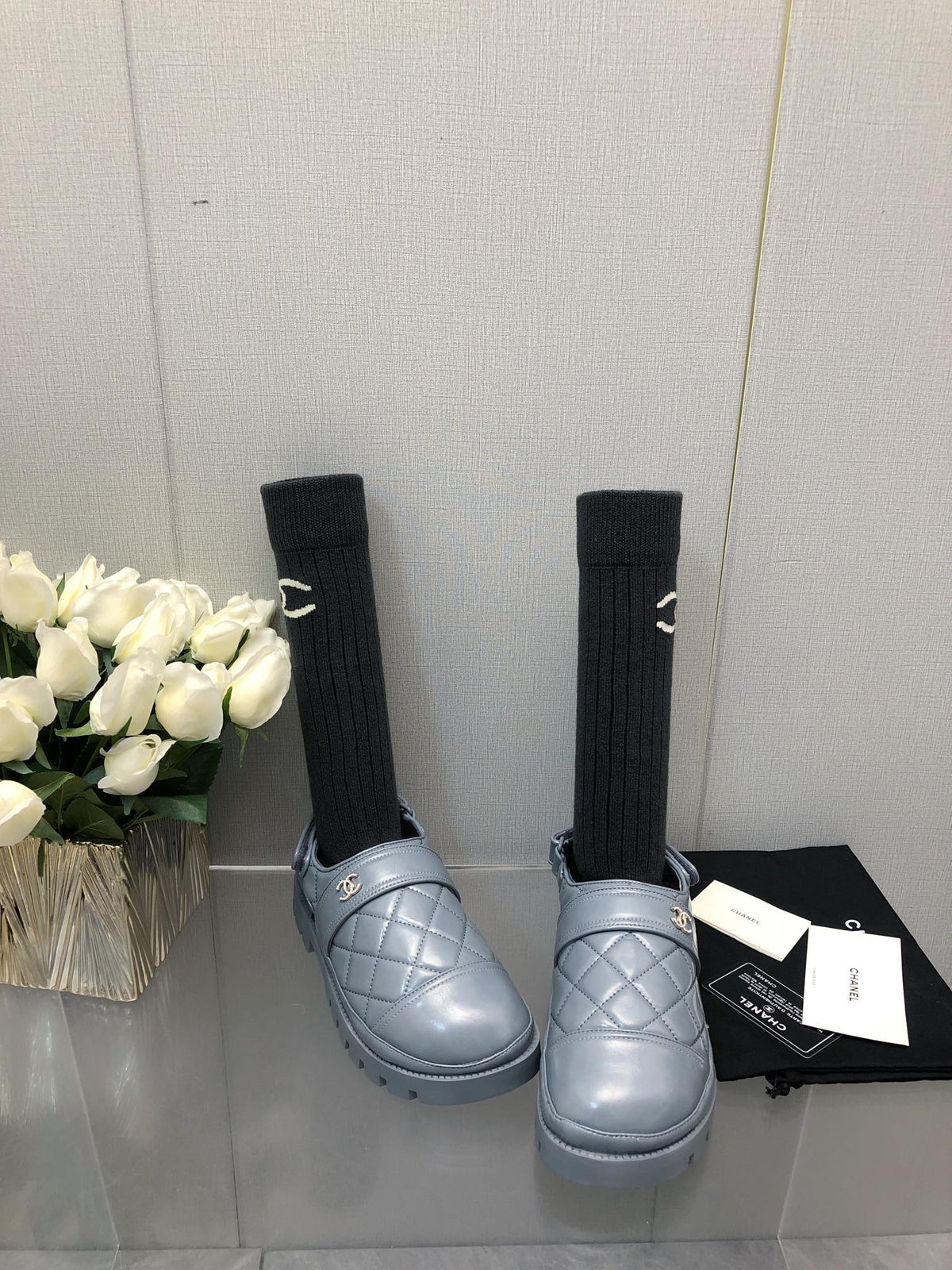 Chanel Chunky Platform Shearling Slipper Saphire Blue Lambskin