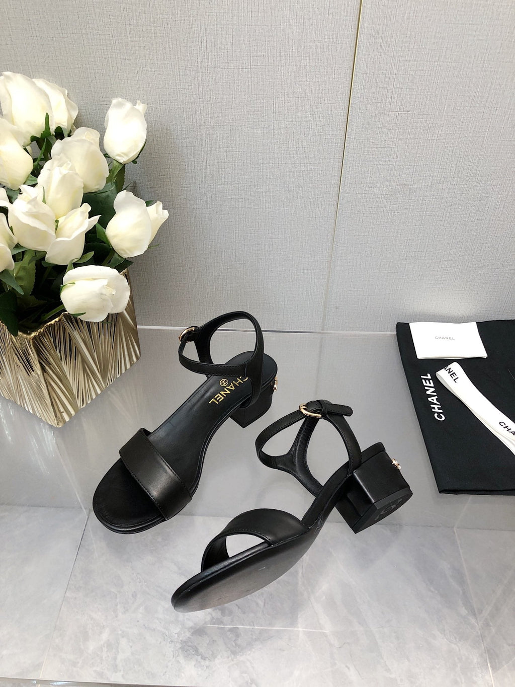 Chanel Block Heel 5 cm Sandal in Black Lambskin