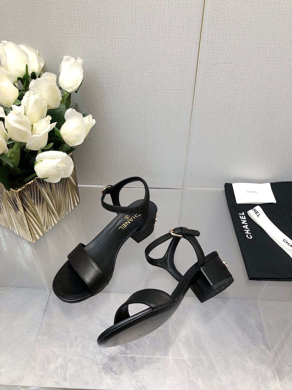 Chanel Block Heel 5 cm Sandal in Black Lambskin