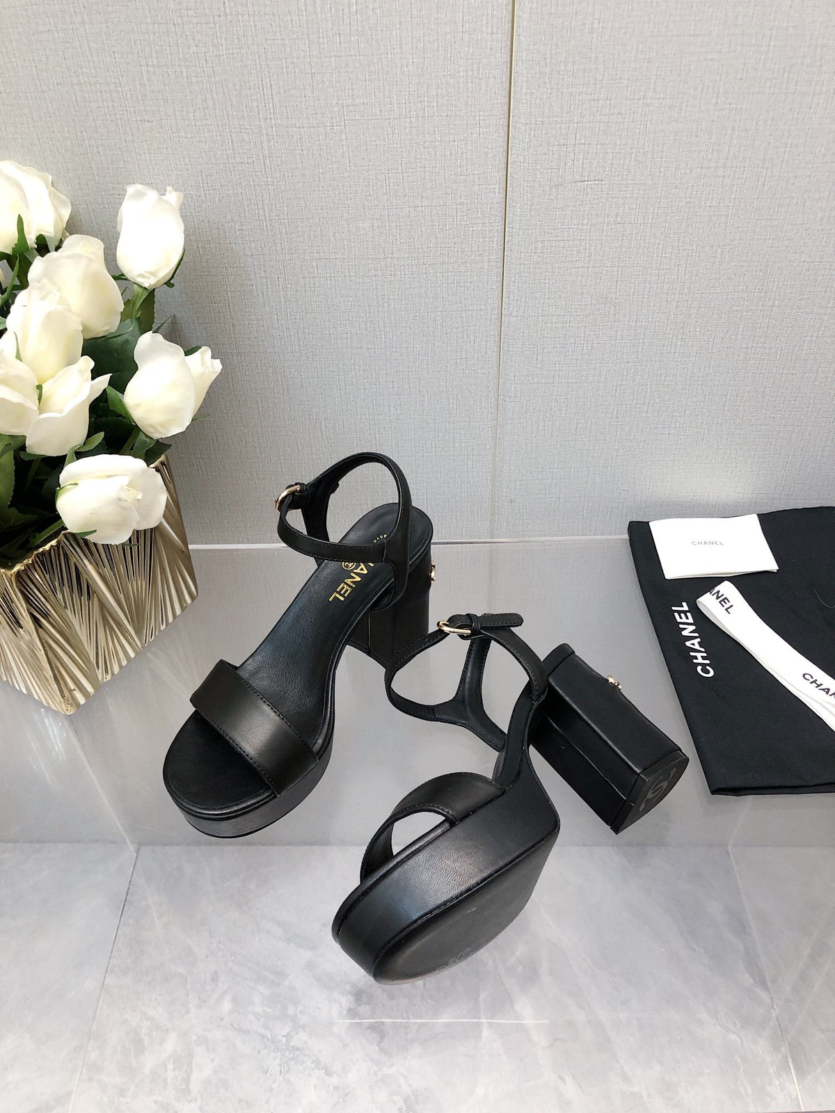 Chanel Block Heel 9 cm Sandal in Black Lambskin