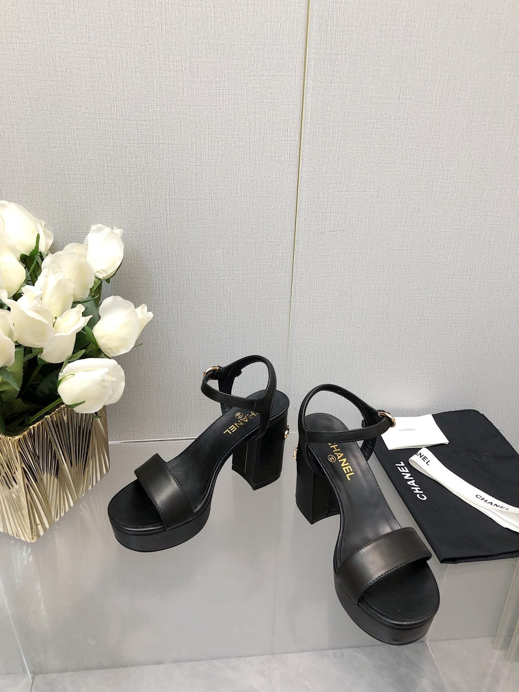 Chanel Block Heel 9 cm Sandal in Black Lambskin