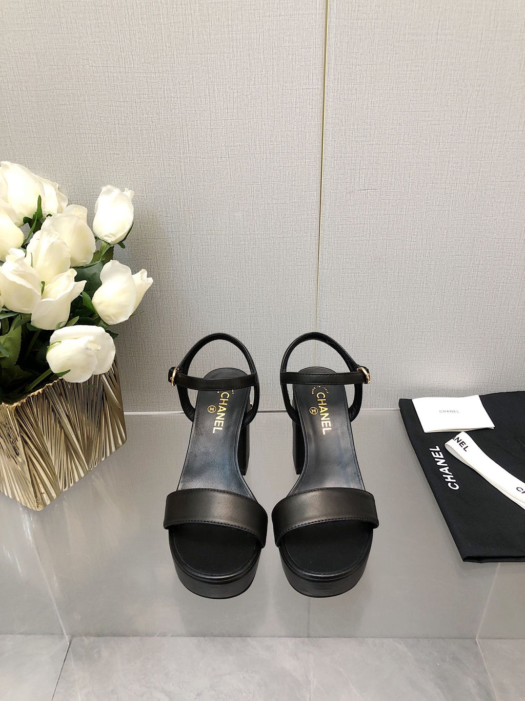 Chanel Block Heel 9 cm Sandal in Black Lambskin