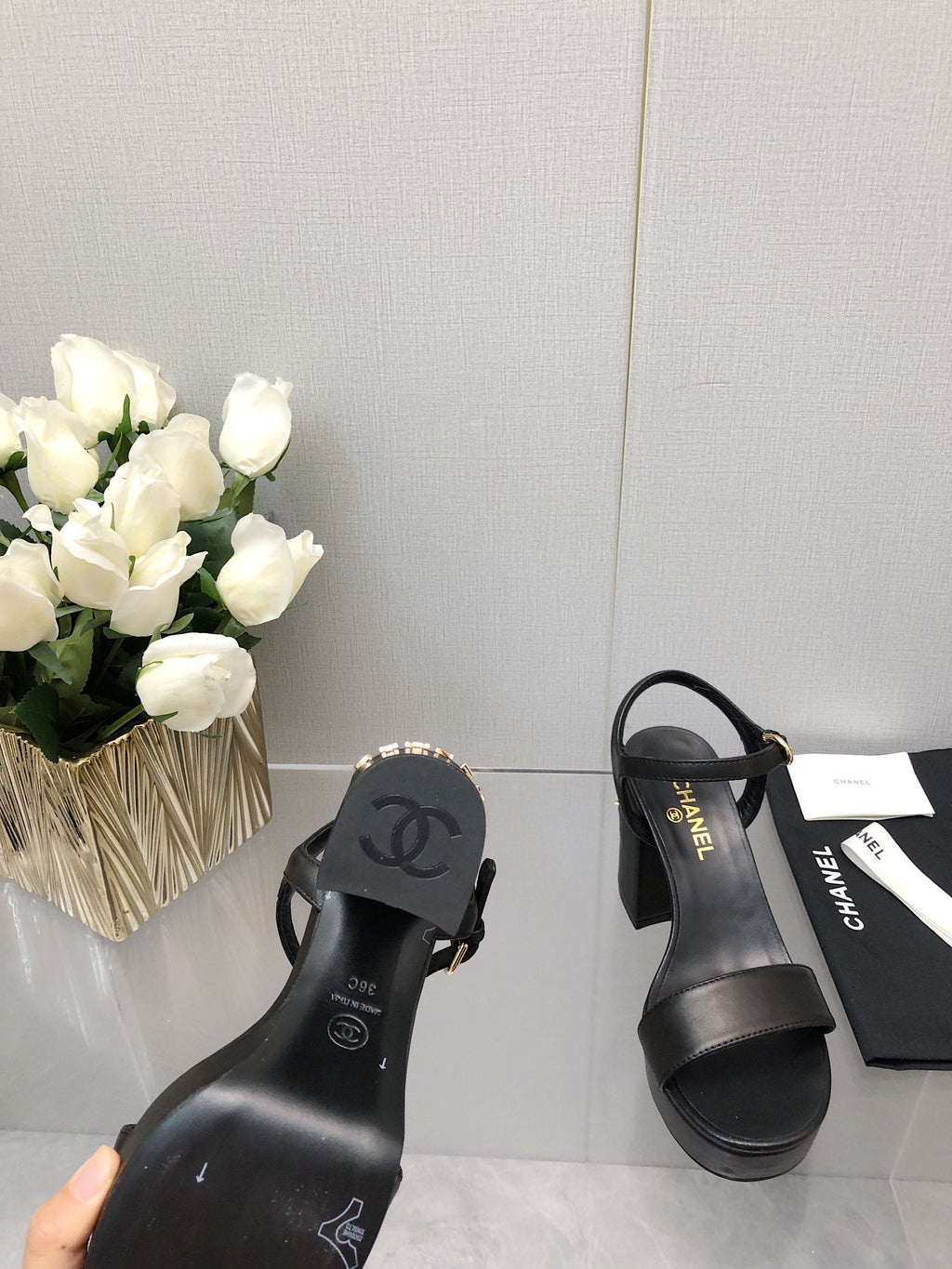 Chanel Block Heel 9 cm Sandal in Black Lambskin
