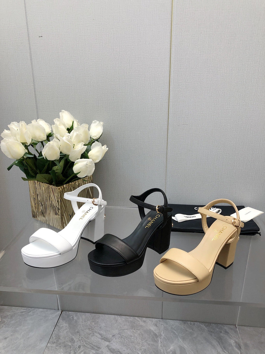 Chanel Block Heel 9 cm Sandal in Black Lambskin
